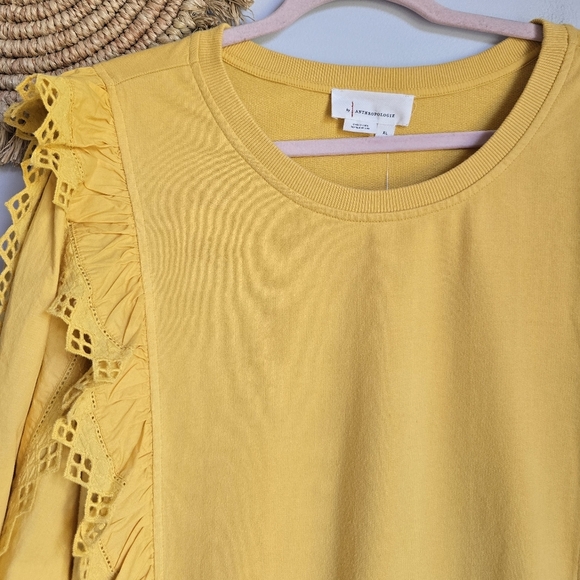 Anthropologie, New, Marigold Yellow Eyelet Ruffle Sleeve Sweatshirt Top SZ XL - Picture 3 of 14